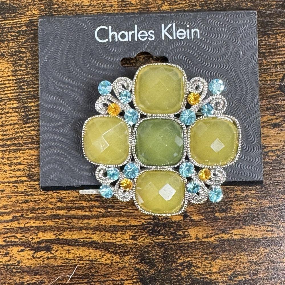 NWT CHARLES KLEIN RHINESTONE BROOCH IN SHADES OF GREEN‎ Aqua Orange rhinestone